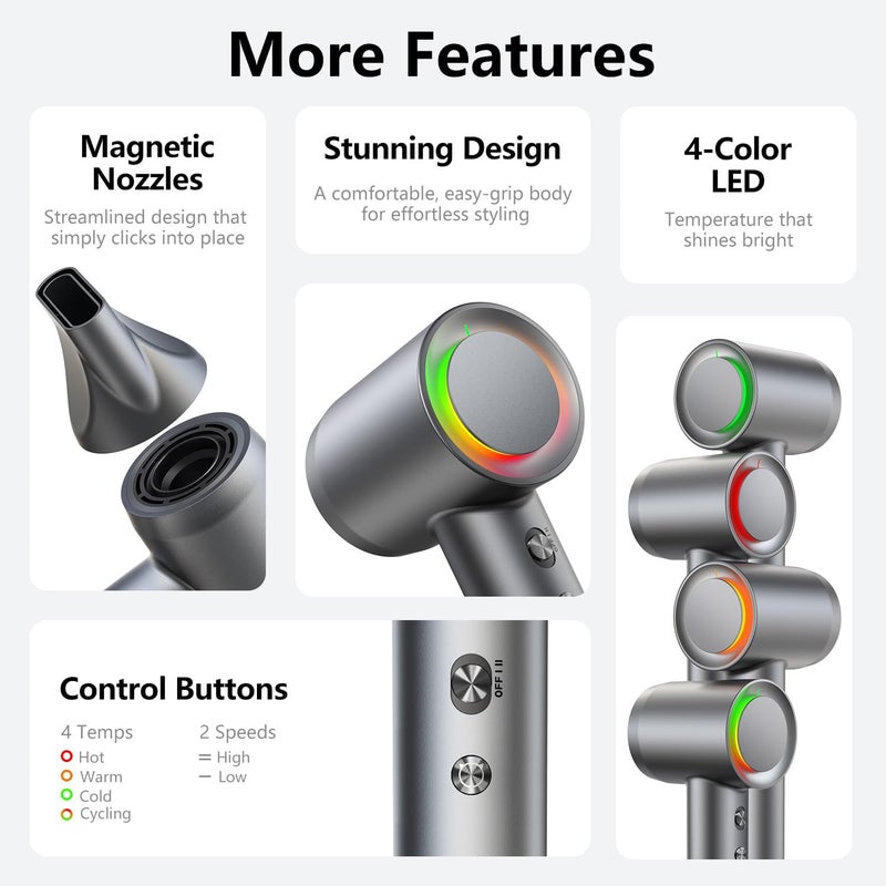 Alloom Hair Dryer - 1 Min Fast Drying, High-Speed Blow Dryer with 500 Million Negative Ions, No Heat Damage, Low Noise, Lightweight, Professional Hairdryer with Diffuser & Nozzle, Gunmetal - Image 5